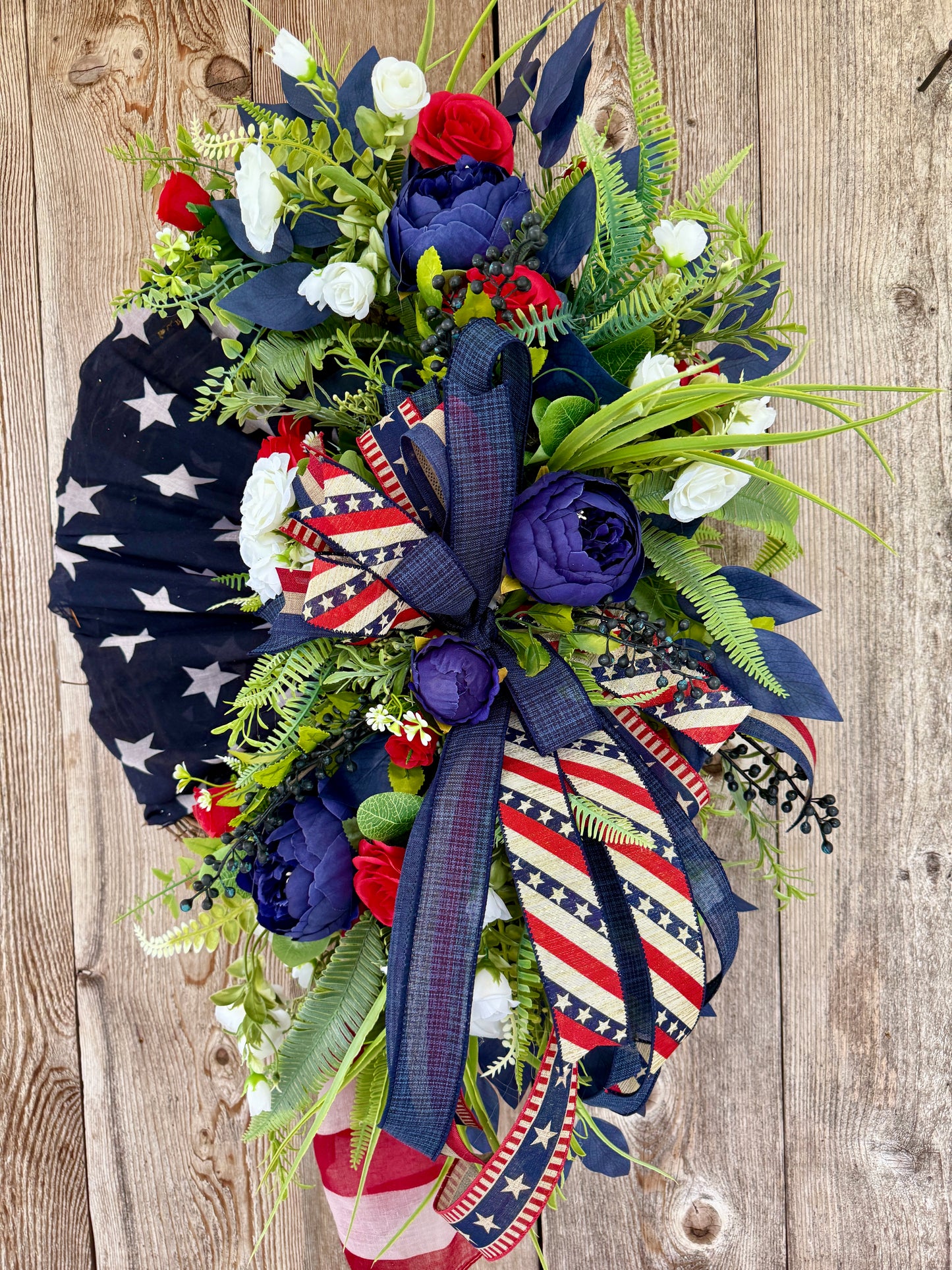 Patriotic Wreath with Floral Swag | Americana Front Door Decor | Memorial Day Wreath | Fourth of July Door Hanger | Red White Blue Summer Wreath