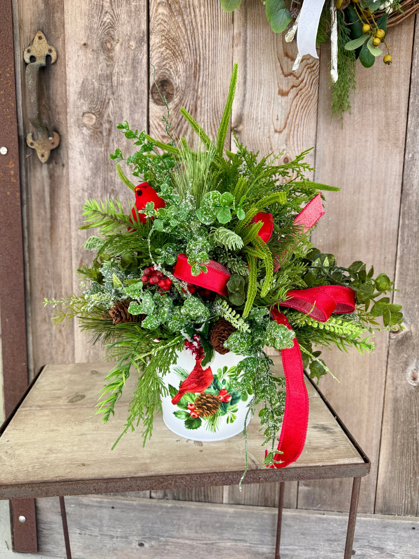 Winter Cardinal grapevine wreath and arrangement