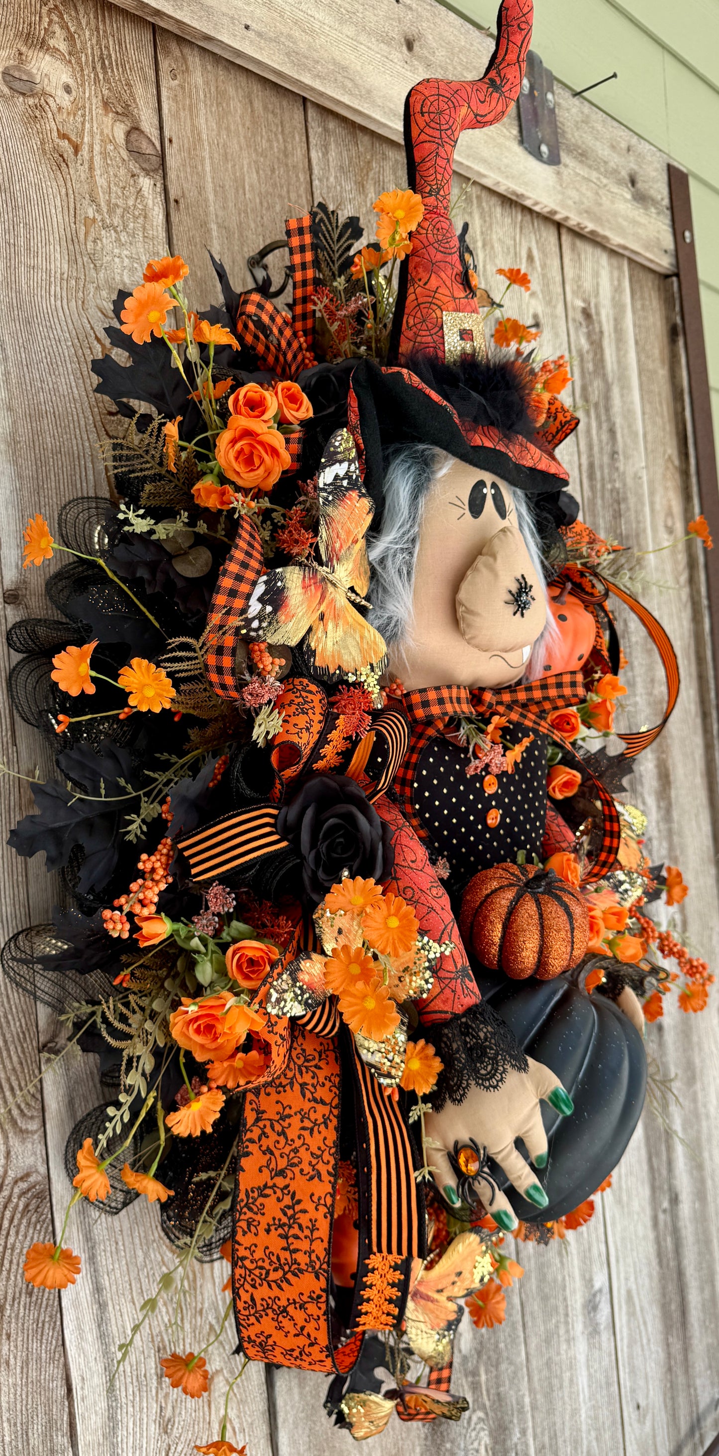 Halloween Witch Wreath for Front Door | Whimsical Witch Decor with Plush Witch, Black & Orange Pumpkins, Butterflies & Florals | Handmade Fall Door Hanger