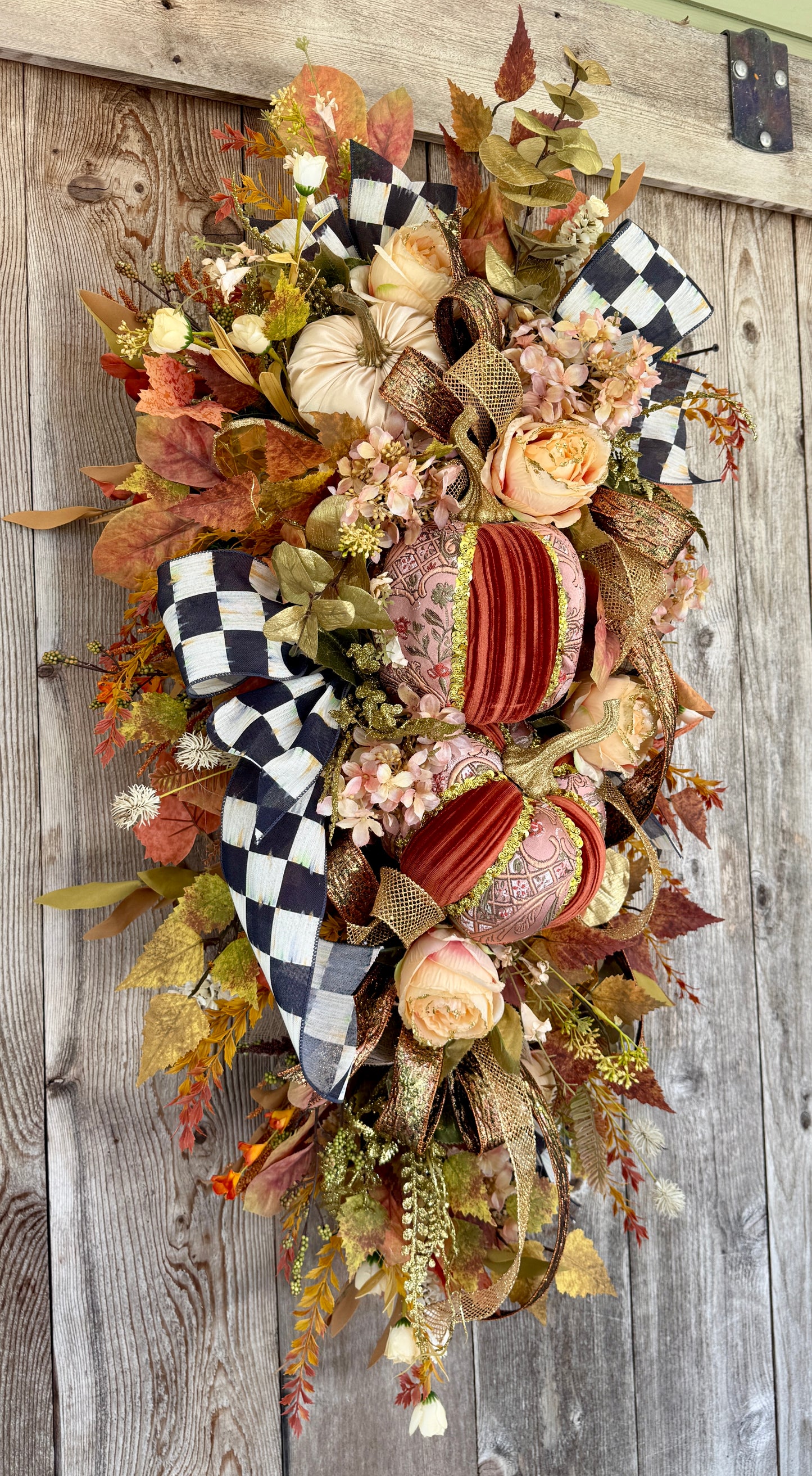 Elegant Velvet Pumpkin Fall Swag | Luxury Autumn Floral Door Swag | Black & White Checkered Fall Door Decor