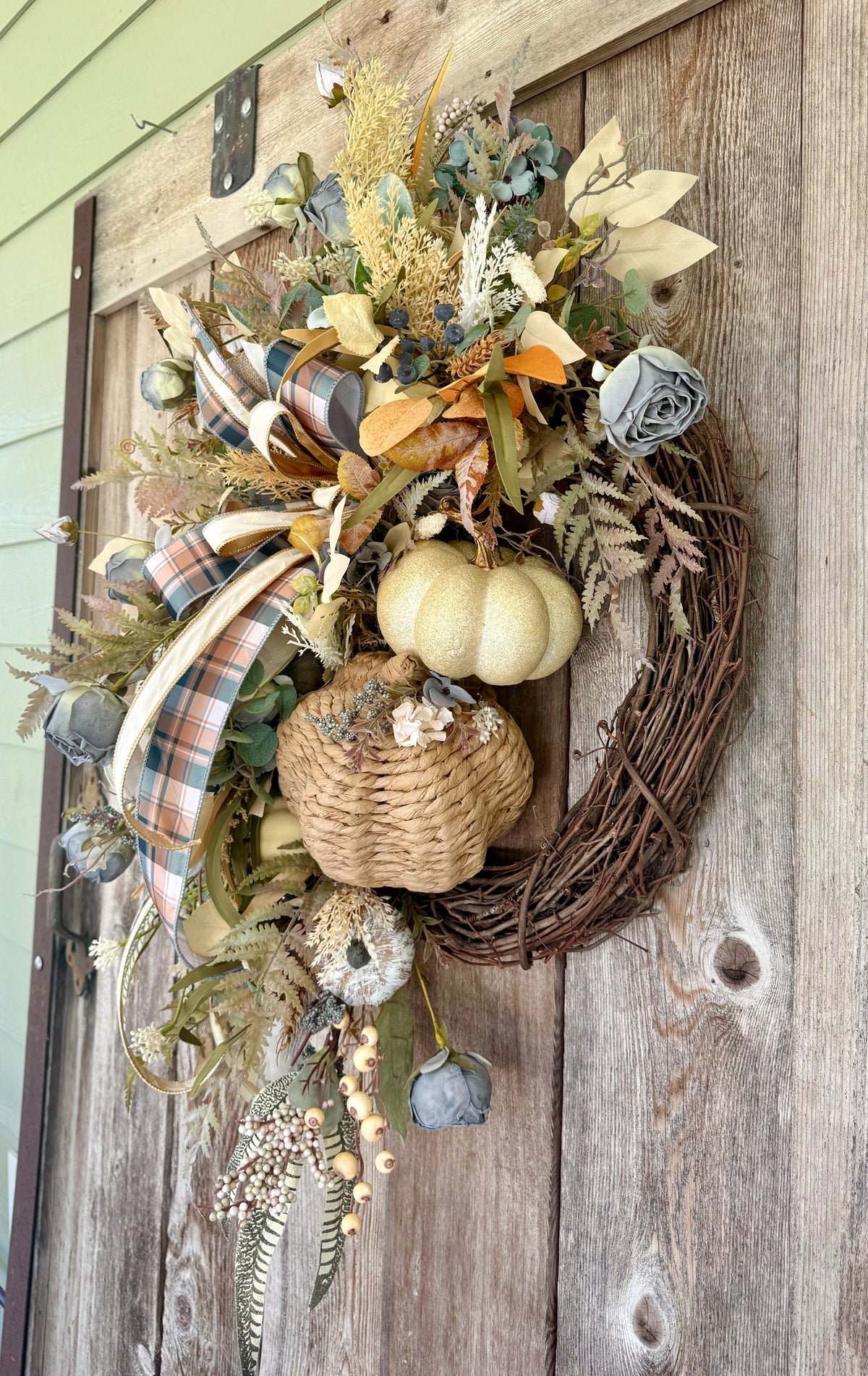 Neutral Blue Pumpkin Fall Grapevine Wreath