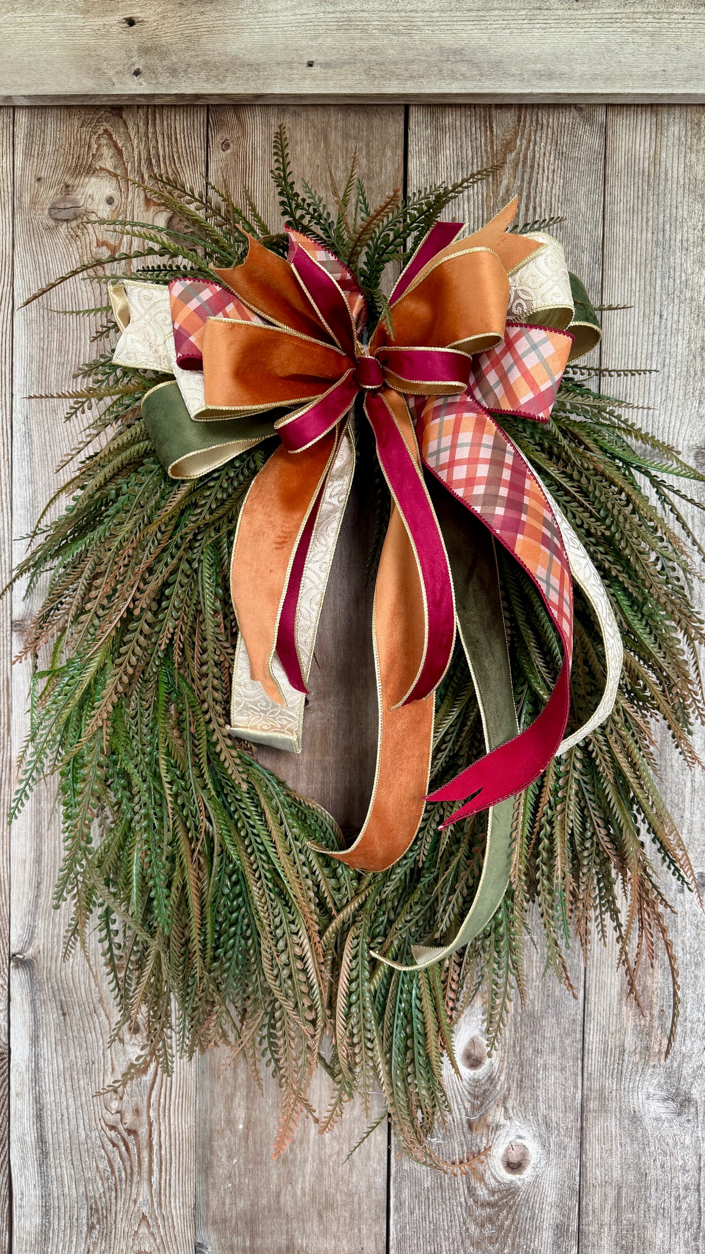 Fall button fern wreath with designer bow