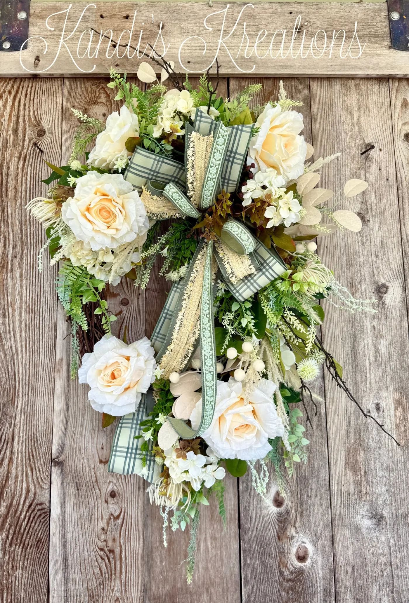 Elegant Cream Rose Grapevine Wreath — handmade by Kandi's Kreations