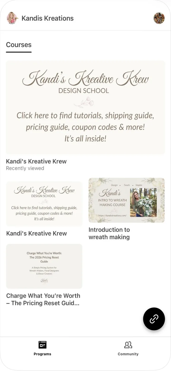 The app's course library: the Krew Design School, the Intro to Wreath Making course and the Pricing Reset Guide