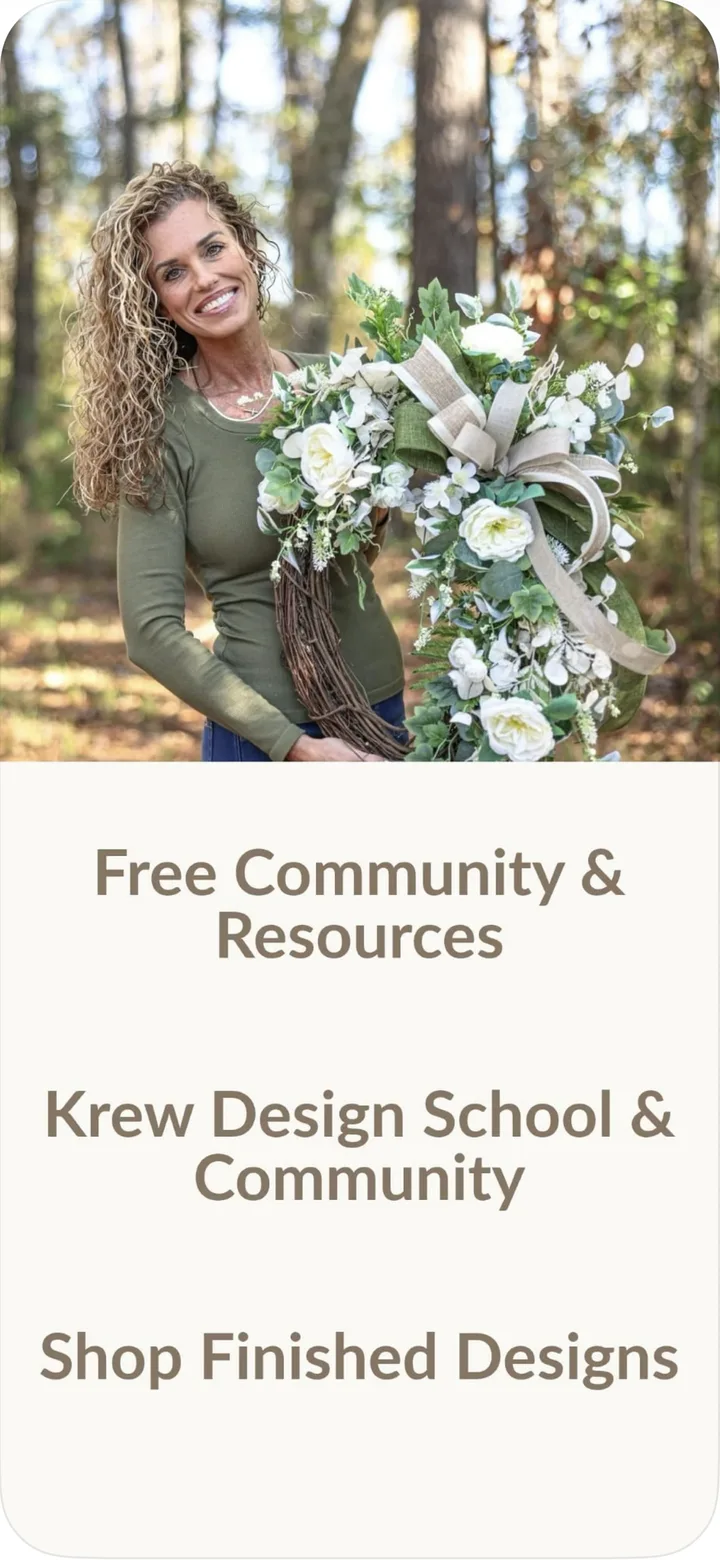The app's welcome screen: Kandi holding a finished wreath, with the free community, the Krew Design School and the shop