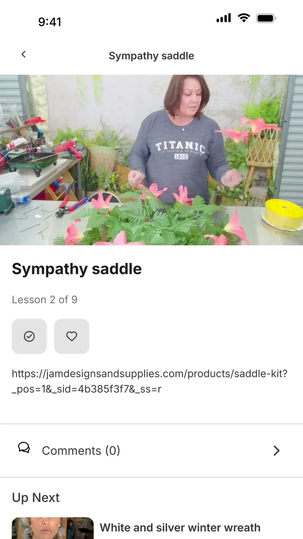 A tutorial lesson playing in the app, with comments and the next lesson
