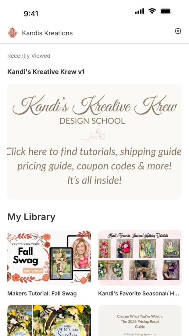 The app's home screen: the Krew design school and the tutorial library