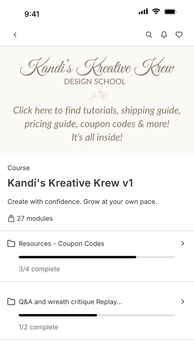 The Krew course in the app: modules, coupon codes and Q&A critique replays