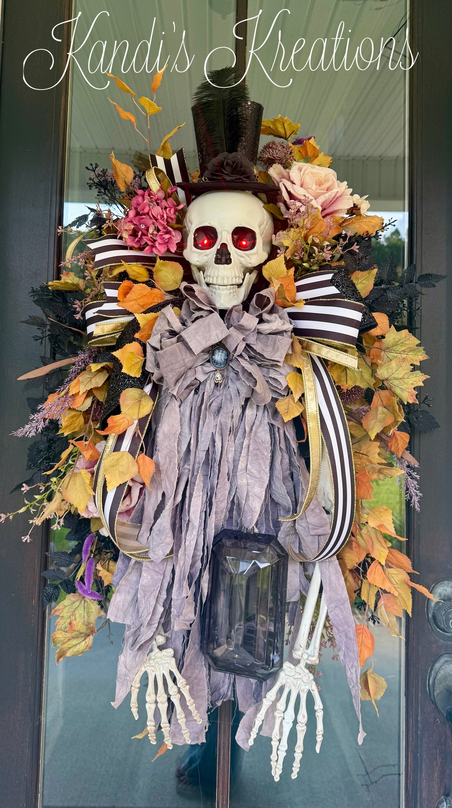 Gothic Halloween Skeleton Wreath, Light Up Skeleton Door Decor, Oversized Halloween Wreath, Victorian Halloween Decor, Luxury Fall Wreath