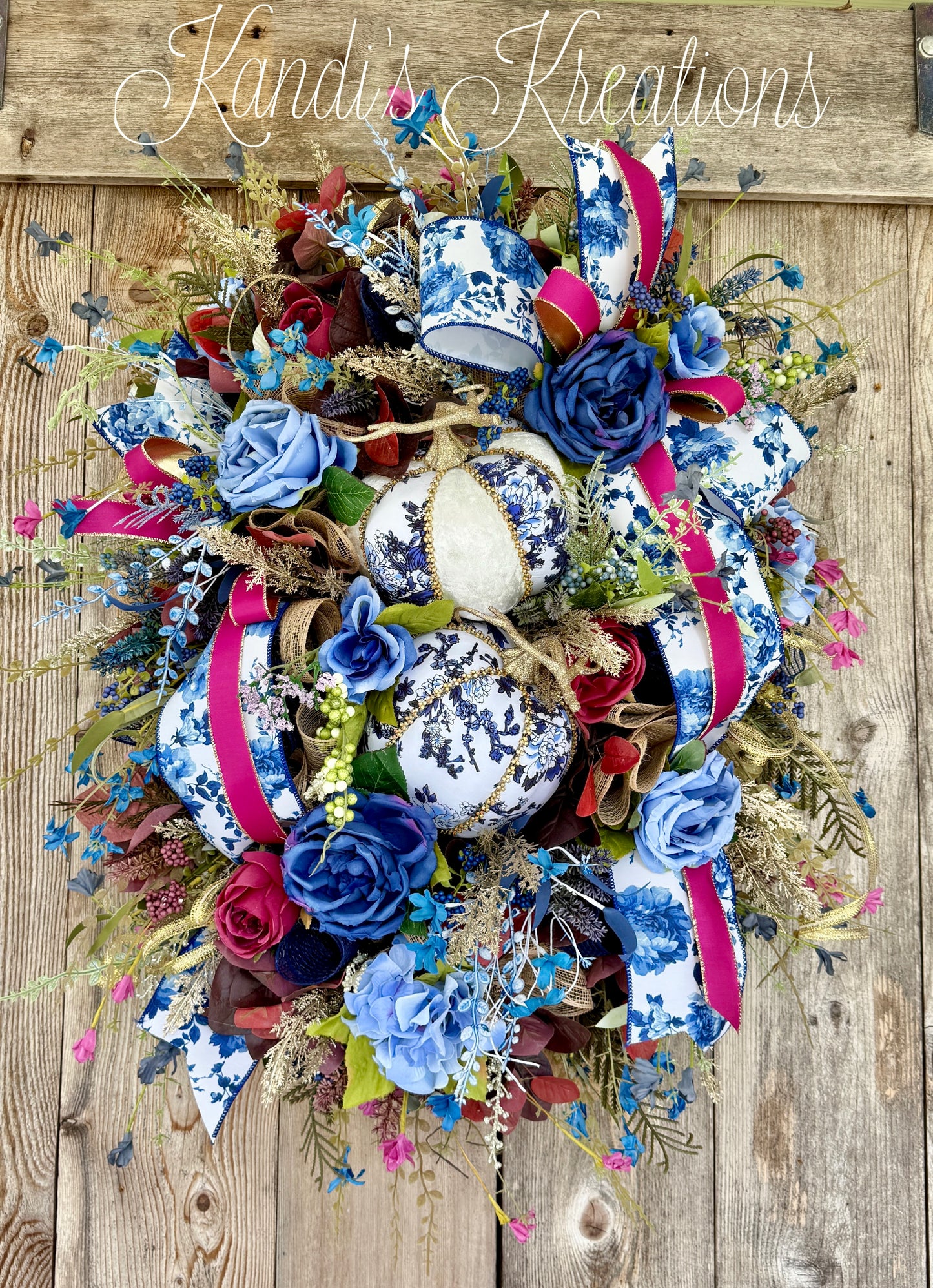 🍂✨ Luxe Blue & Burgundy Pumpkin Fall Wreath ✨🍂