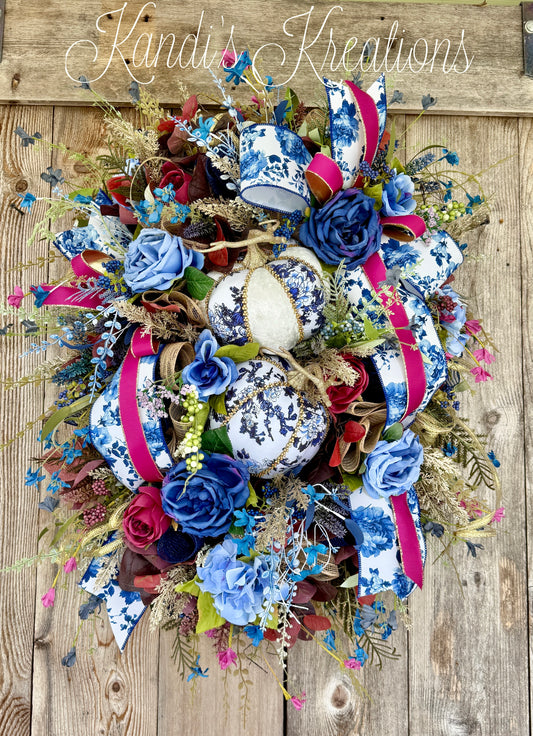 🍂✨ Luxe Blue & Burgundy Pumpkin Fall Wreath ✨🍂