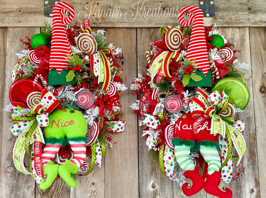 Naughty and Nice elf Christmas wreaths