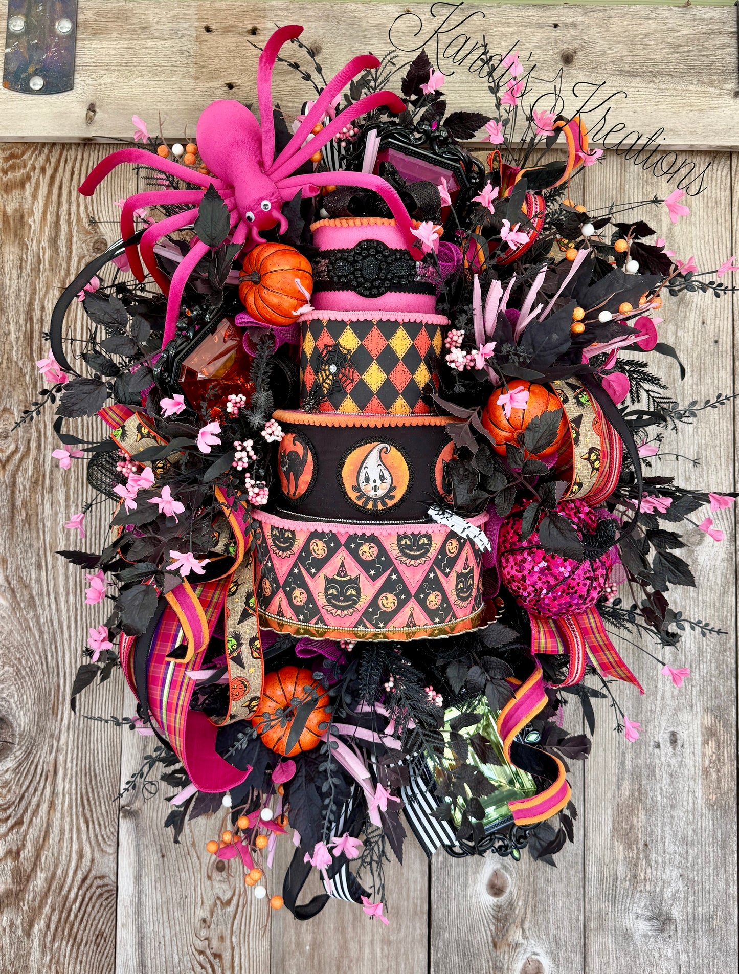 Whimsical Pink & Black Halloween Deco Mesh Wreath