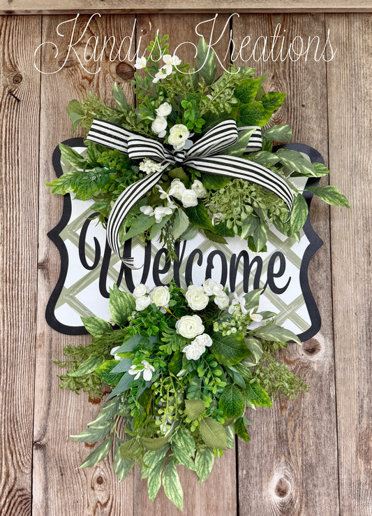 Elegant Greenery Welcome Door Hanger – Classic Everyday Front Door Decor