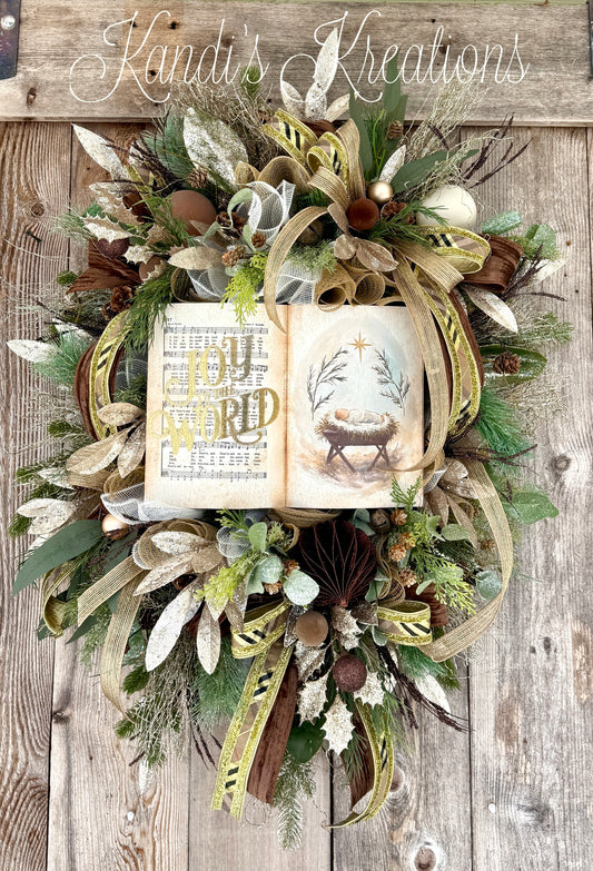 Joy to the World Christmas Wreath – Nativity & Hymnal Design