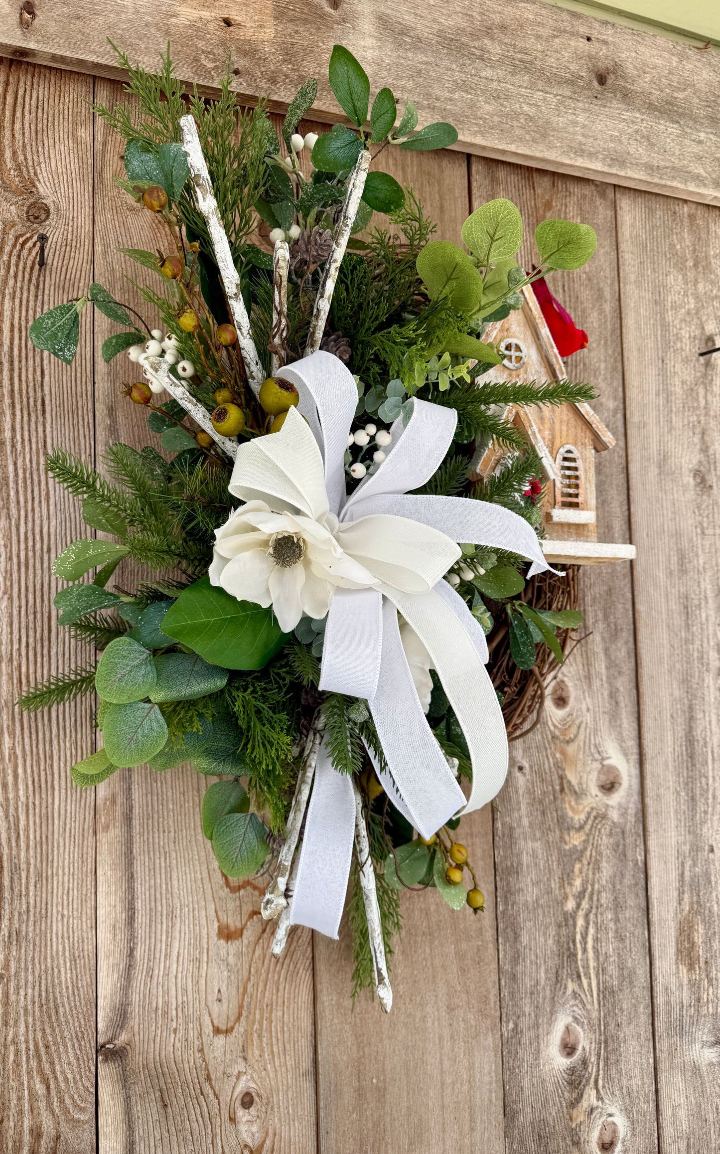 Winter Cardinal grapevine wreath and arrangement