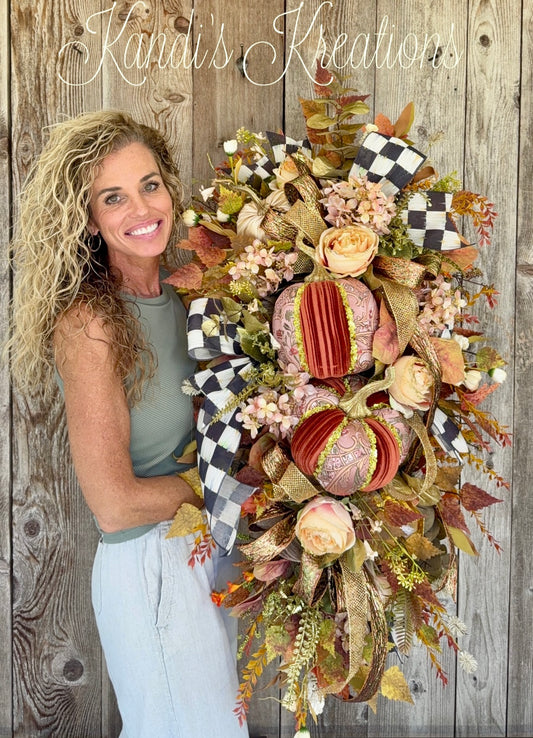 Elegant Velvet Pumpkin Fall Swag | Luxury Autumn Floral Door Swag | Black & White Checkered Fall Door Decor