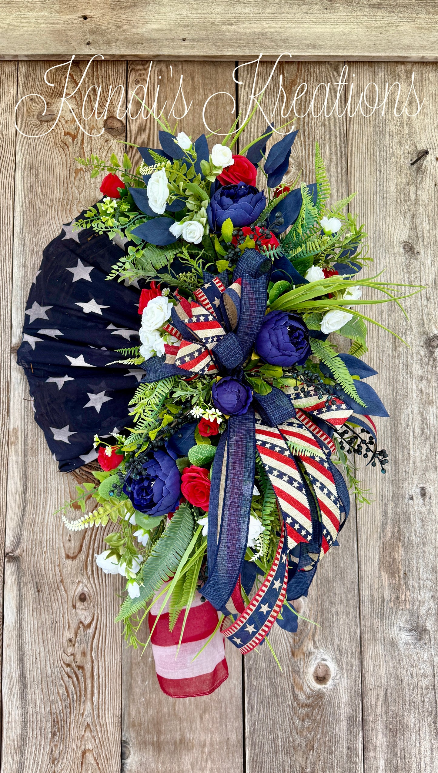 Patriotic Wreath with Floral Swag | Americana Front Door Decor | Memorial Day Wreath | Fourth of July Door Hanger | Red White Blue Summer Wreath