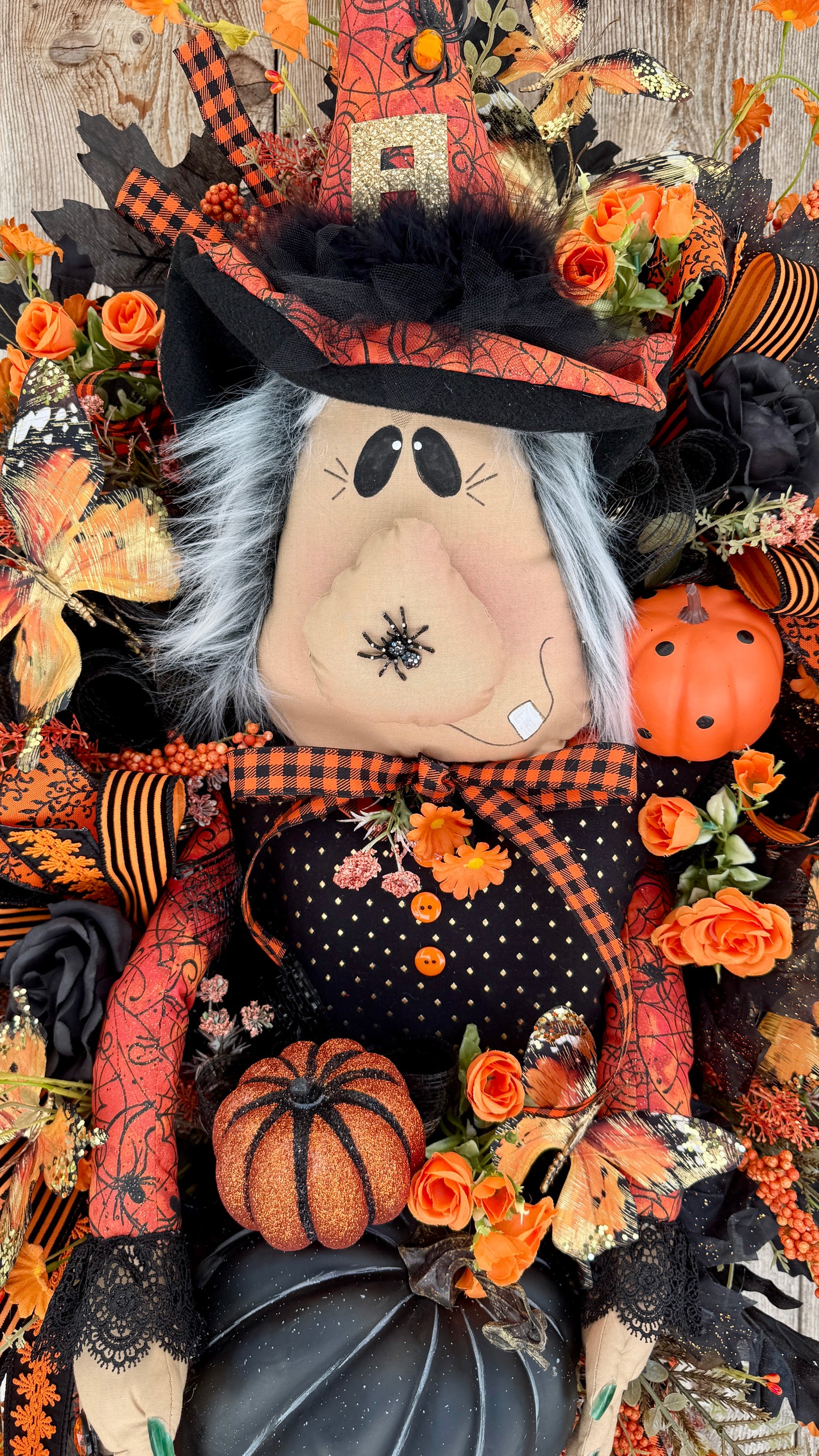 Halloween Witch Wreath for Front Door | Whimsical Witch Decor with Plush Witch, Black & Orange Pumpkins, Butterflies & Florals | Handmade Fall Door Hanger