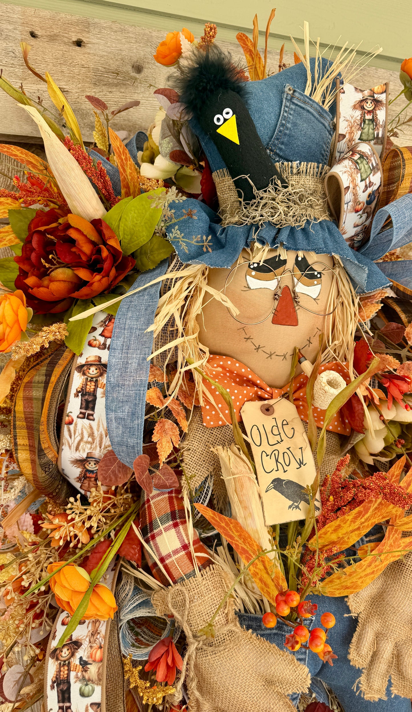 Rustic Denim Scarecrow Fall Wreath – Handmade Autumn Front Door Décor
