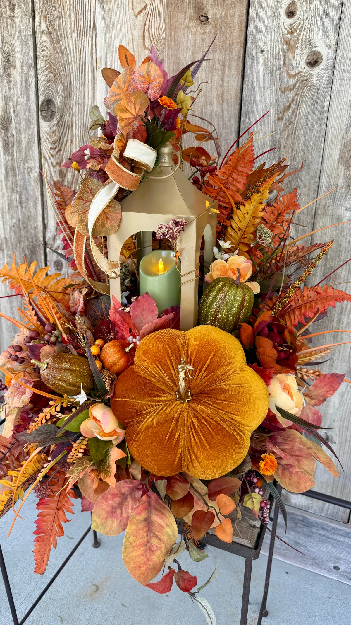 🍂 Luxury Fall Lantern Arrangement with Velvet Pumpkin