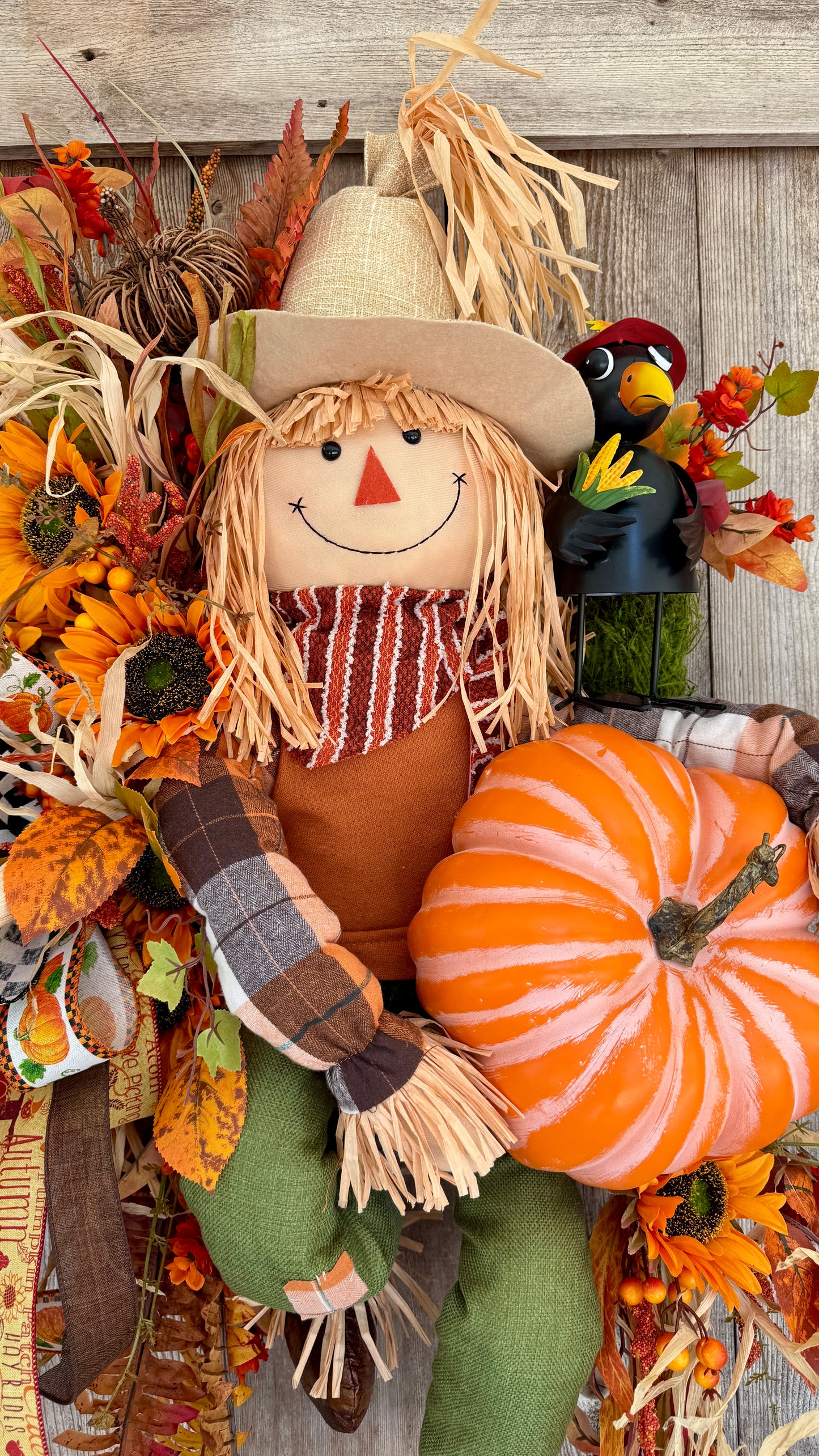 Whimsical Scarecrow Fall Wreath | Pumpkin & Sunflower Autumn Door Hanger | Handmade Harvest Front Door Decor | Thanksgiving Porch Decoration