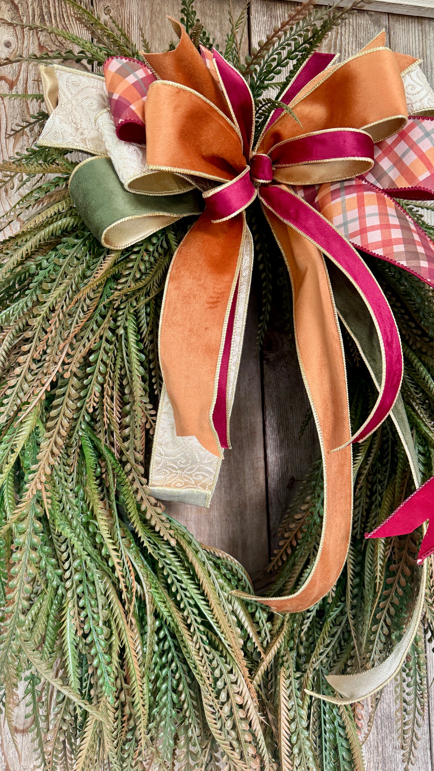 Fall button fern wreath with designer bow