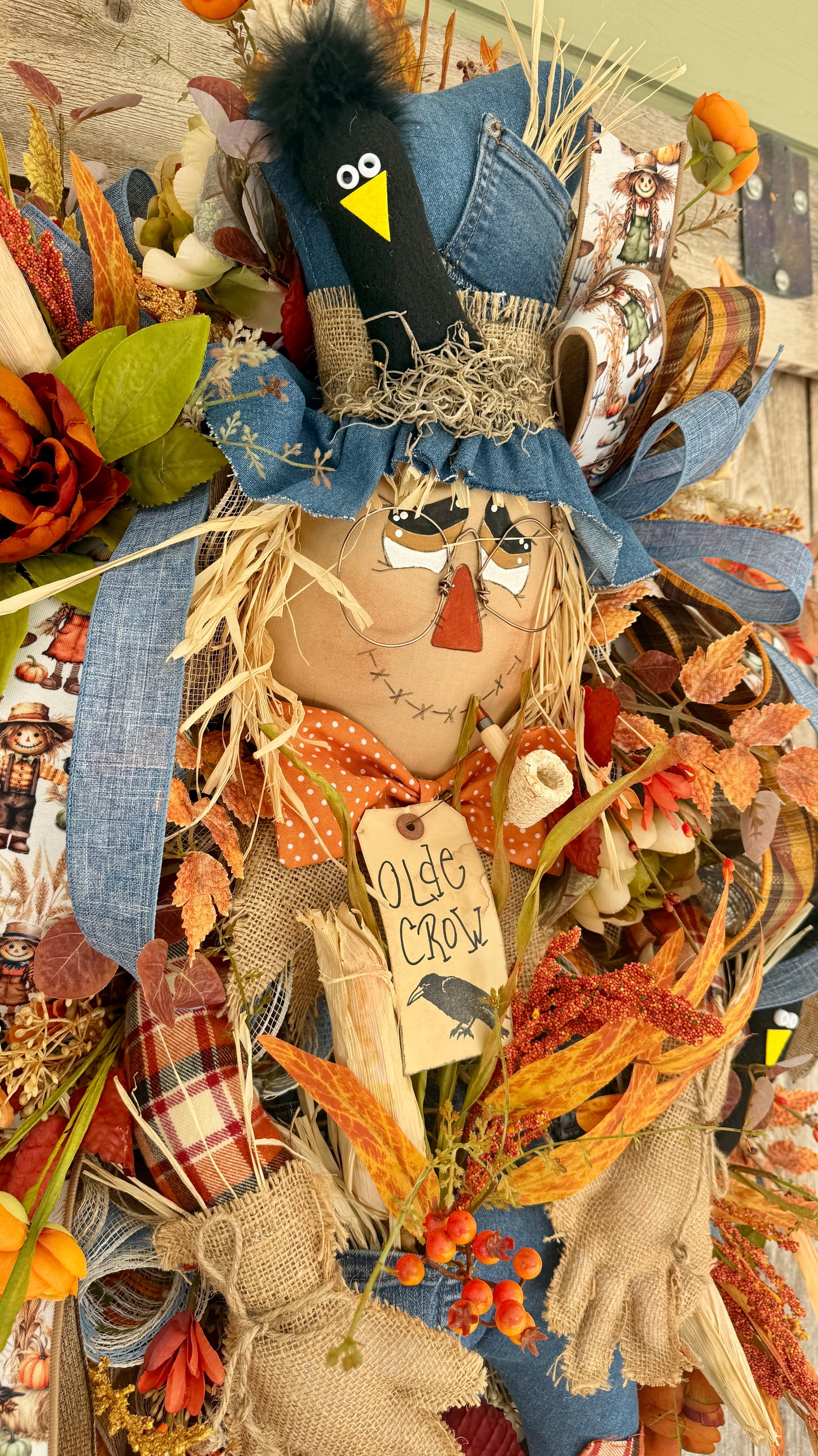 Rustic Denim Scarecrow Fall Wreath – Handmade Autumn Front Door Décor