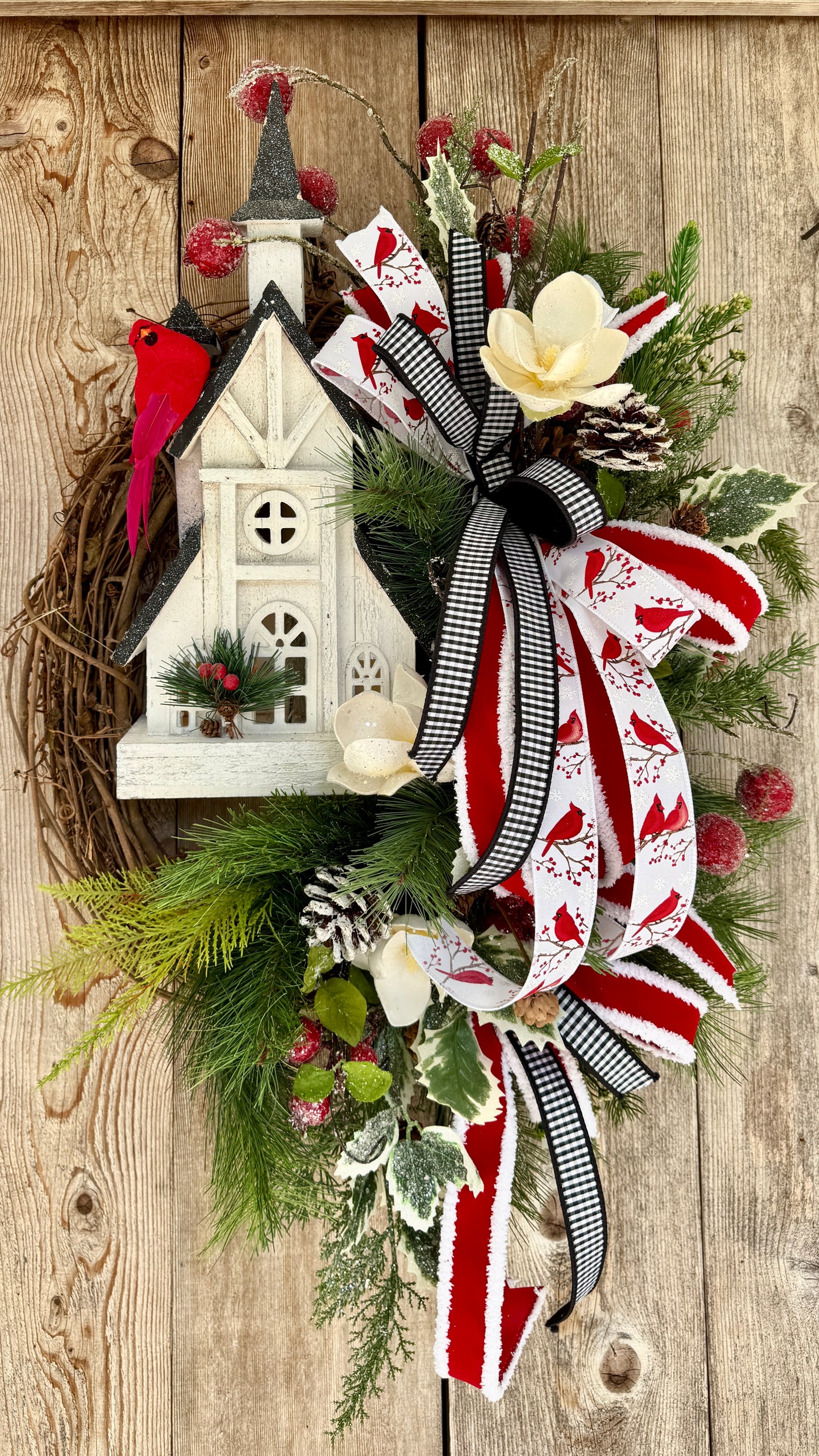 Cardinal Church Lighted Grapevine Wreath