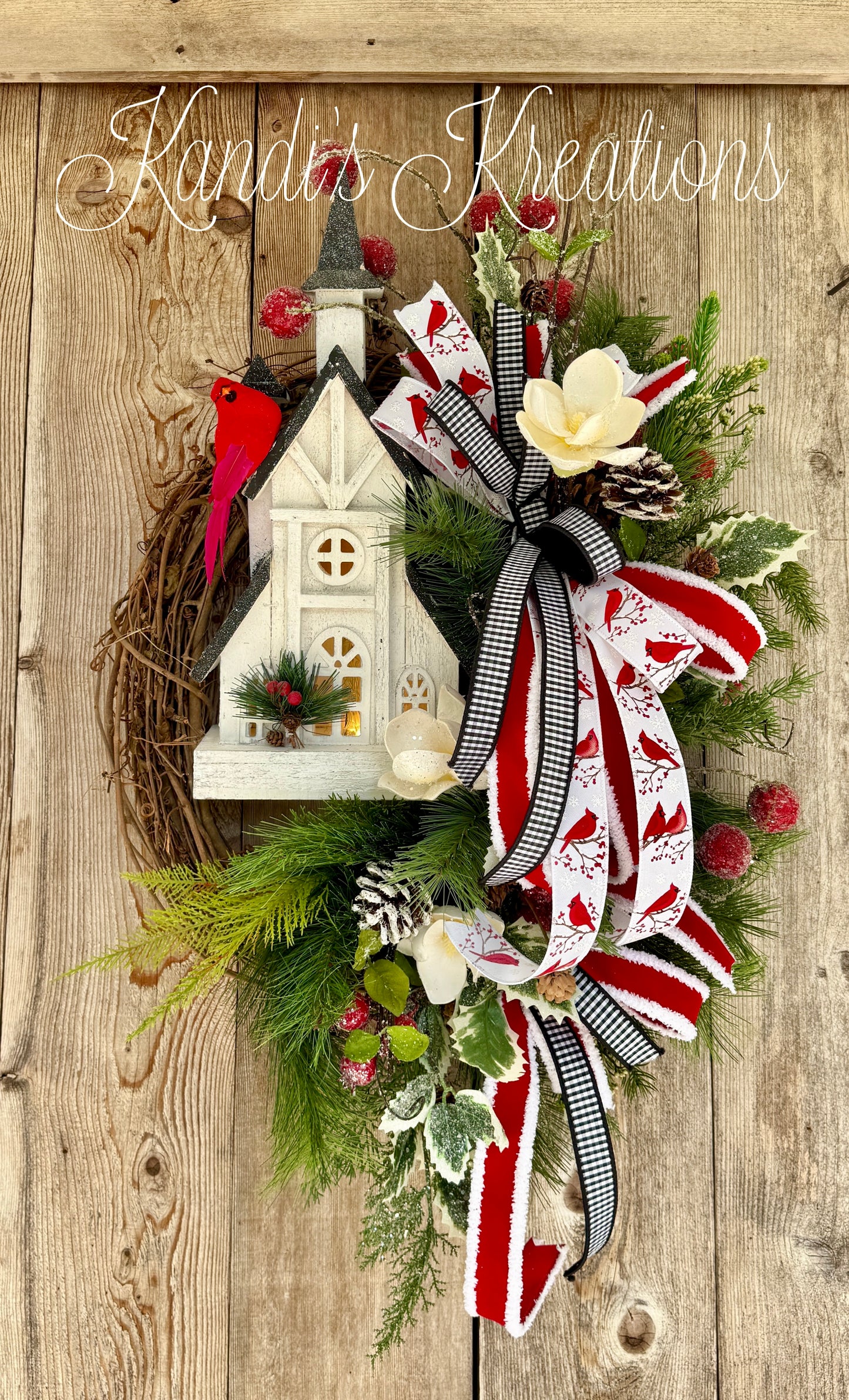 Cardinal Church Lighted Grapevine Wreath