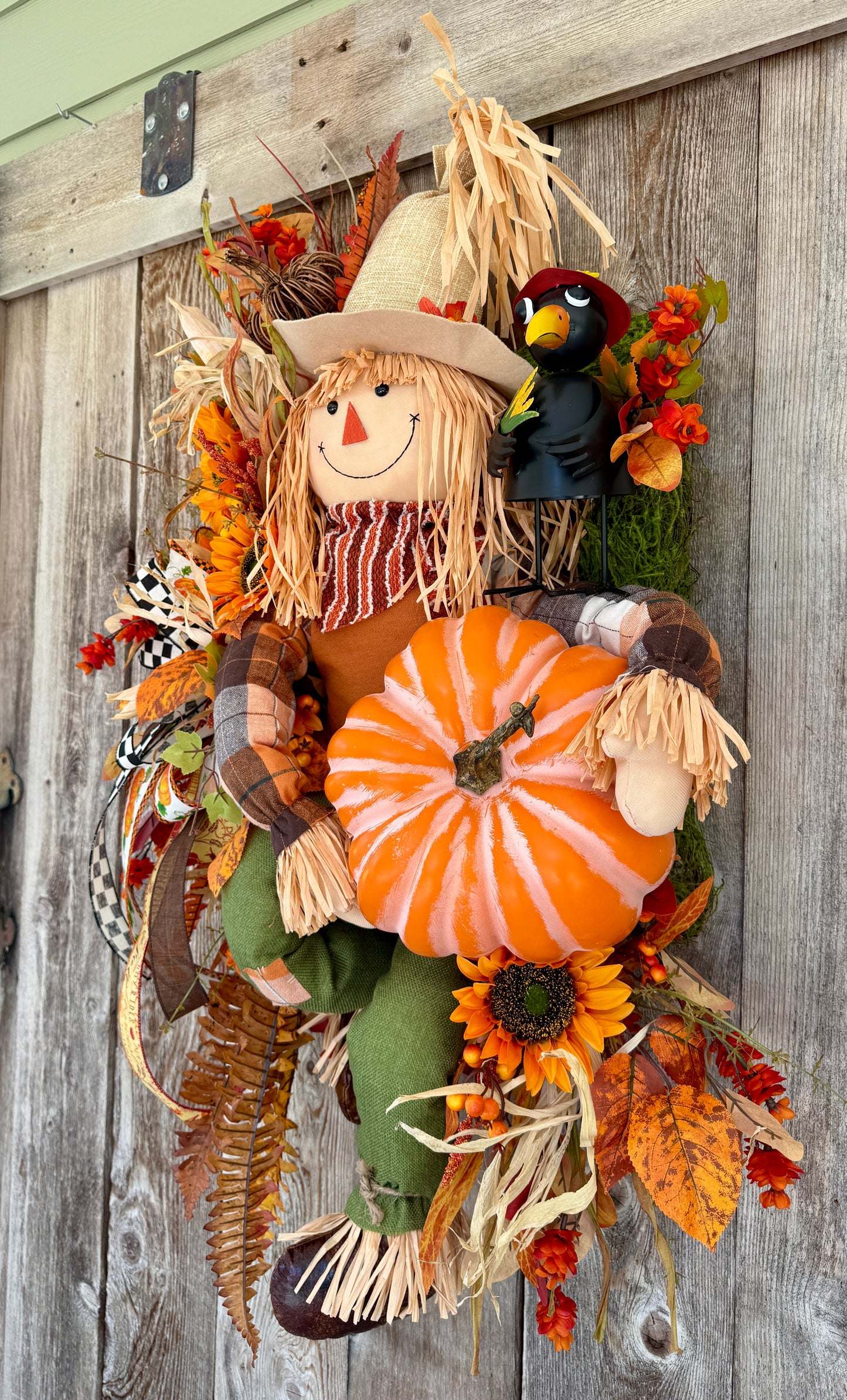 Whimsical Scarecrow Fall Wreath | Pumpkin & Sunflower Autumn Door Hanger | Handmade Harvest Front Door Decor | Thanksgiving Porch Decoration