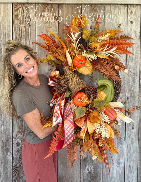Harvest Cornucopia Grapevine Wreath – Luxury Fall & Thanksgiving Door Decor