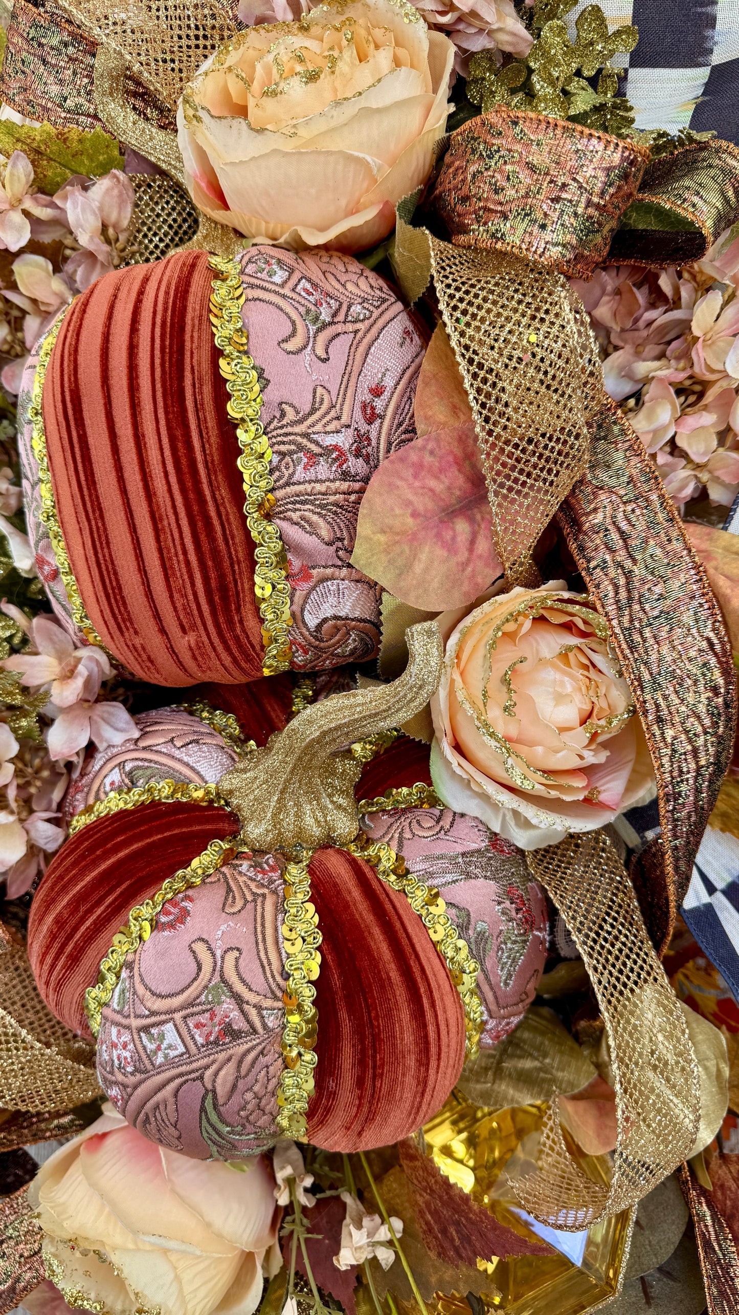 Elegant Velvet Pumpkin Fall Swag | Luxury Autumn Floral Door Swag | Black & White Checkered Fall Door Decor