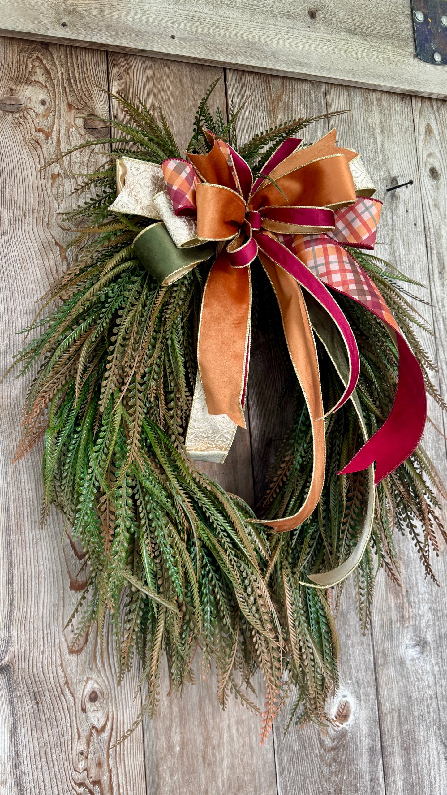 Fall button fern wreath with designer bow