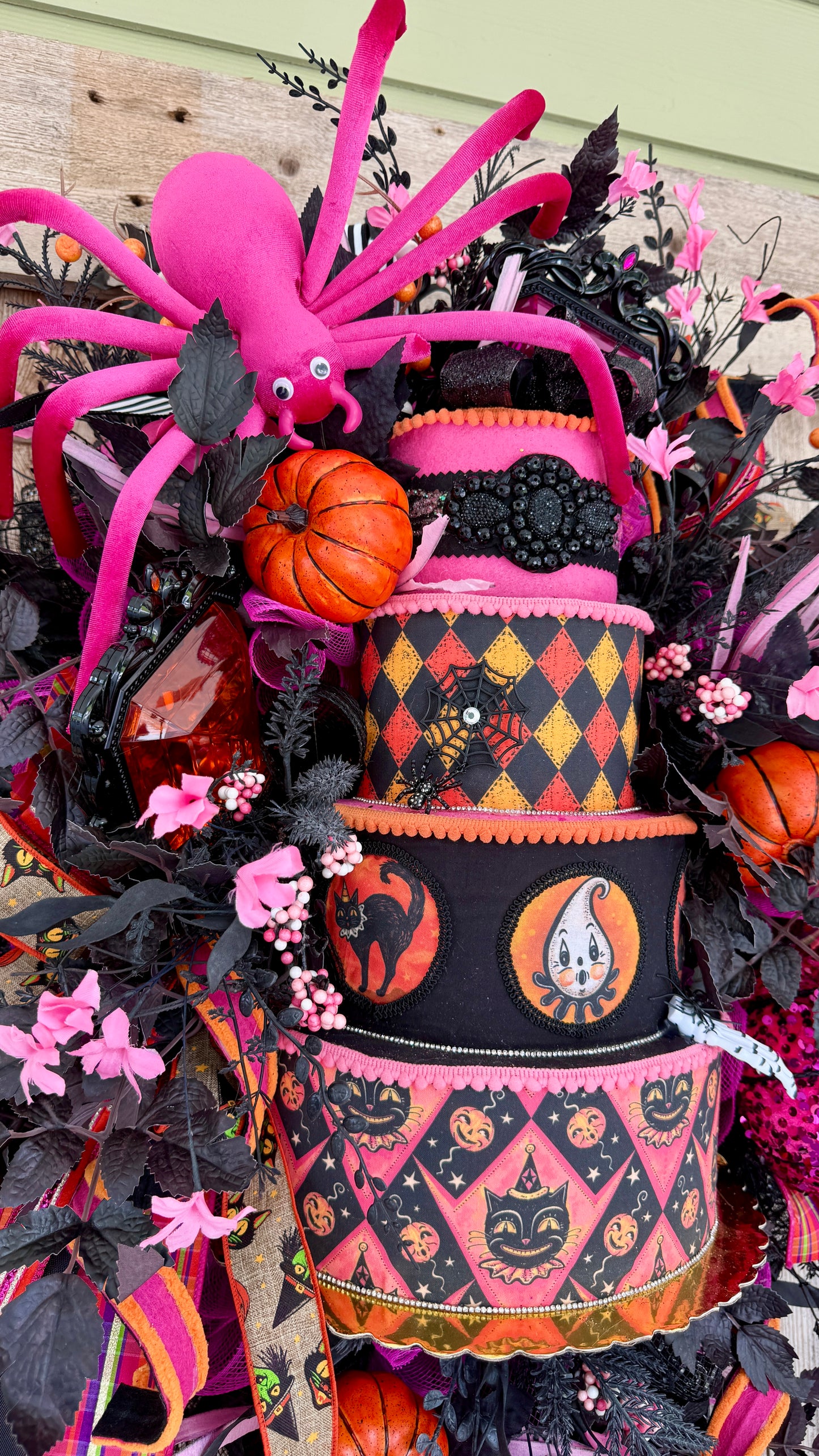 Whimsical Pink & Black Halloween Deco Mesh Wreath