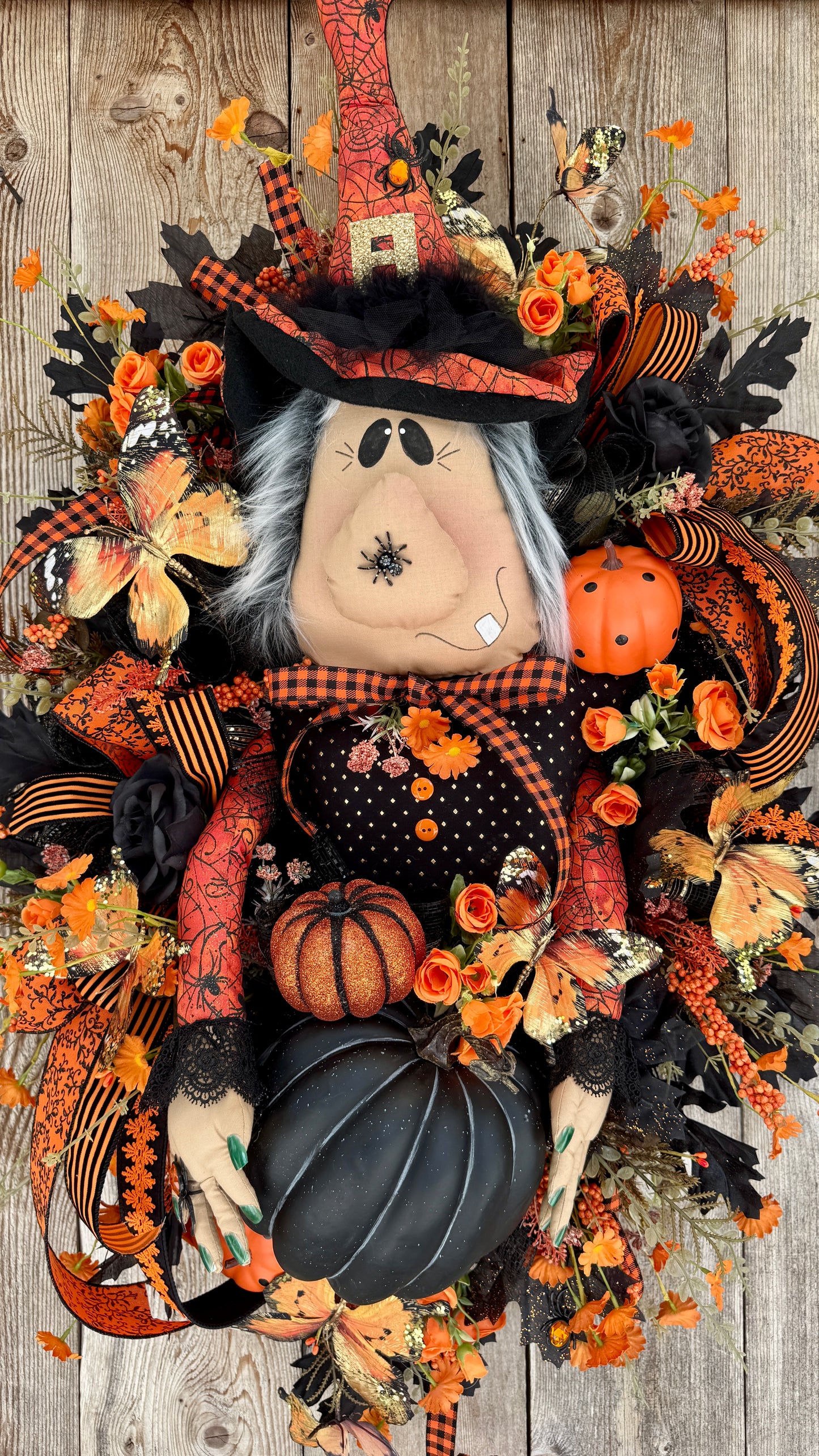 Halloween Witch Wreath for Front Door | Whimsical Witch Decor with Plush Witch, Black & Orange Pumpkins, Butterflies & Florals | Handmade Fall Door Hanger