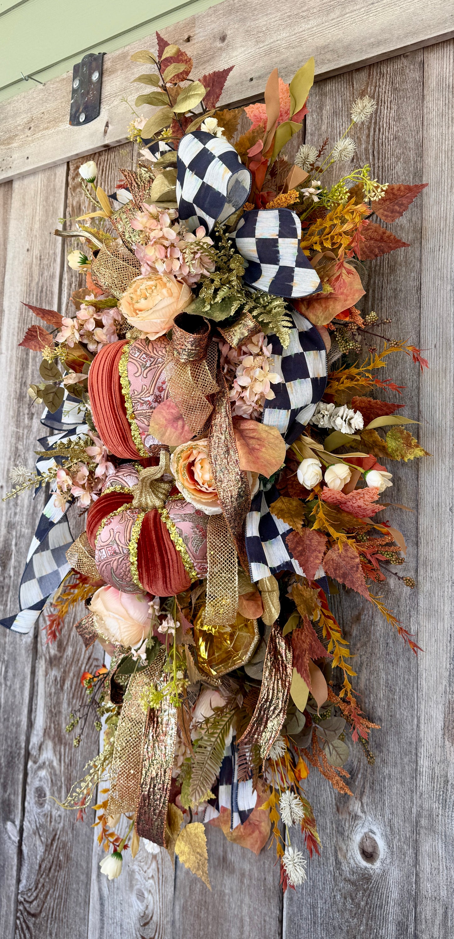 Elegant Velvet Pumpkin Fall Swag | Luxury Autumn Floral Door Swag | Black & White Checkered Fall Door Decor
