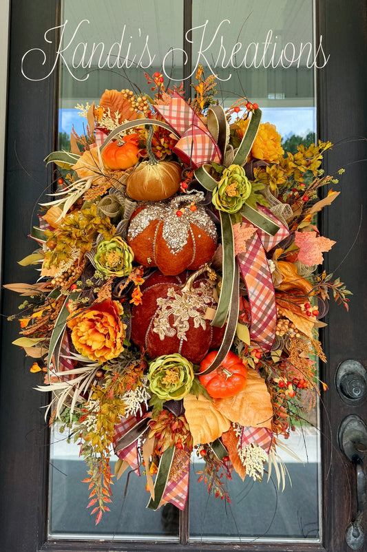 Elegant Velvet Pumpkin Fall Swag | Luxury Autumn Door Décor