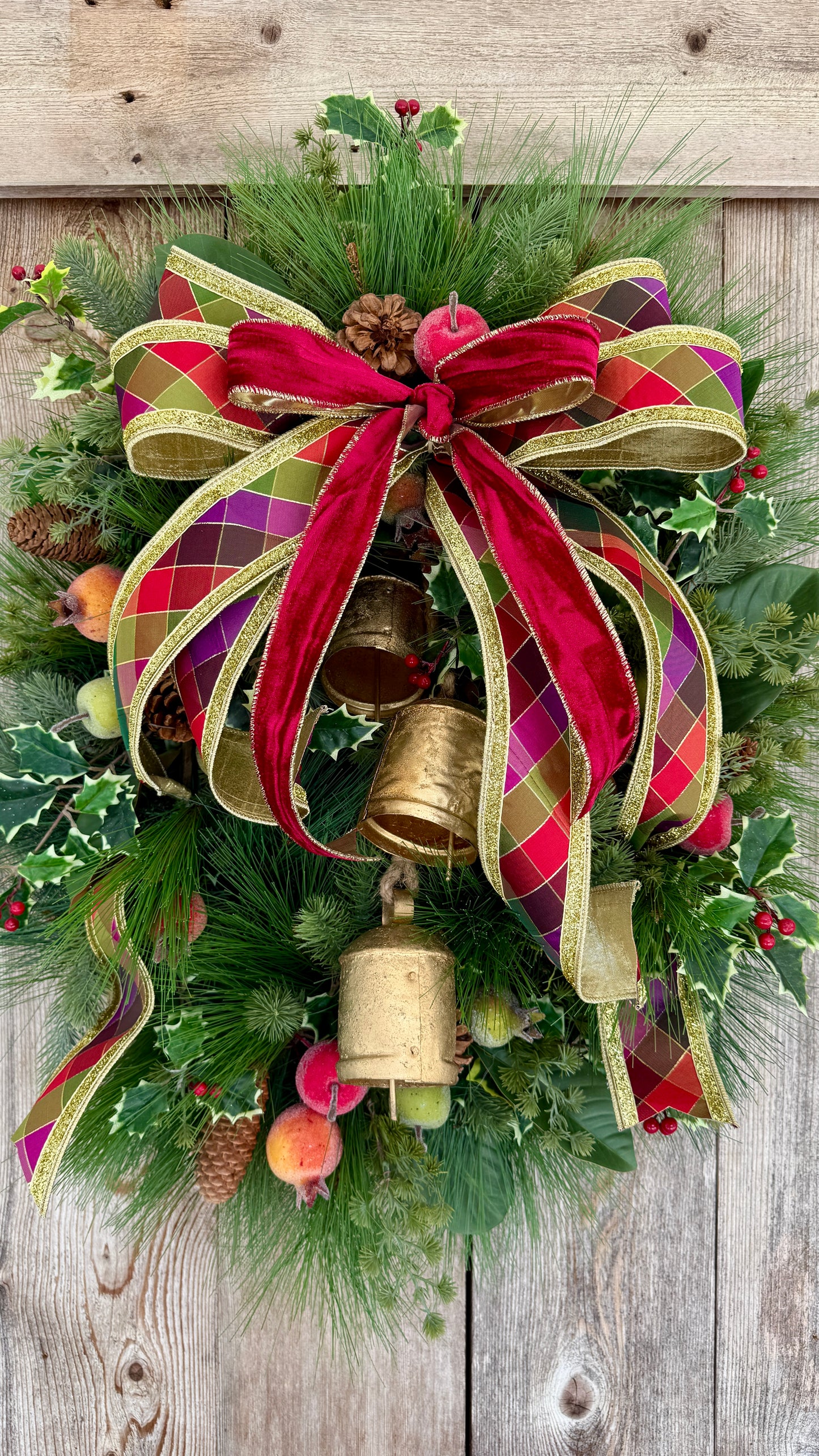 Traditional Williamsburg Wreath | Elegant Holiday Front Door Wreath with Gold Bells, Pine, Holly & Velvet Bow | Classic Christmas Door Decor