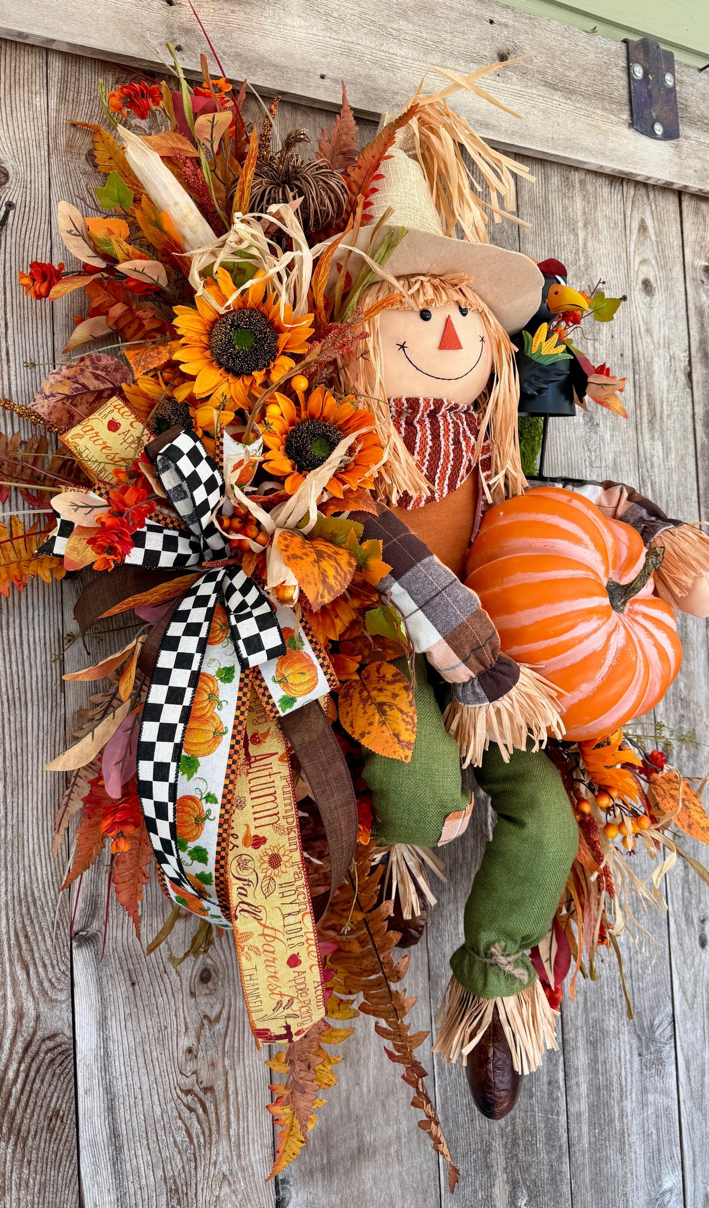 Whimsical Scarecrow Fall Wreath | Pumpkin & Sunflower Autumn Door Hanger | Handmade Harvest Front Door Decor | Thanksgiving Porch Decoration