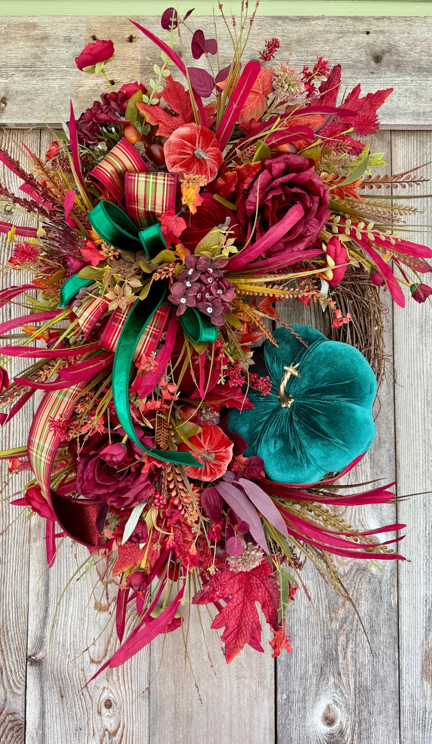 Velvet Pumpkin & Autumn Harvest Grapevine Wreath
