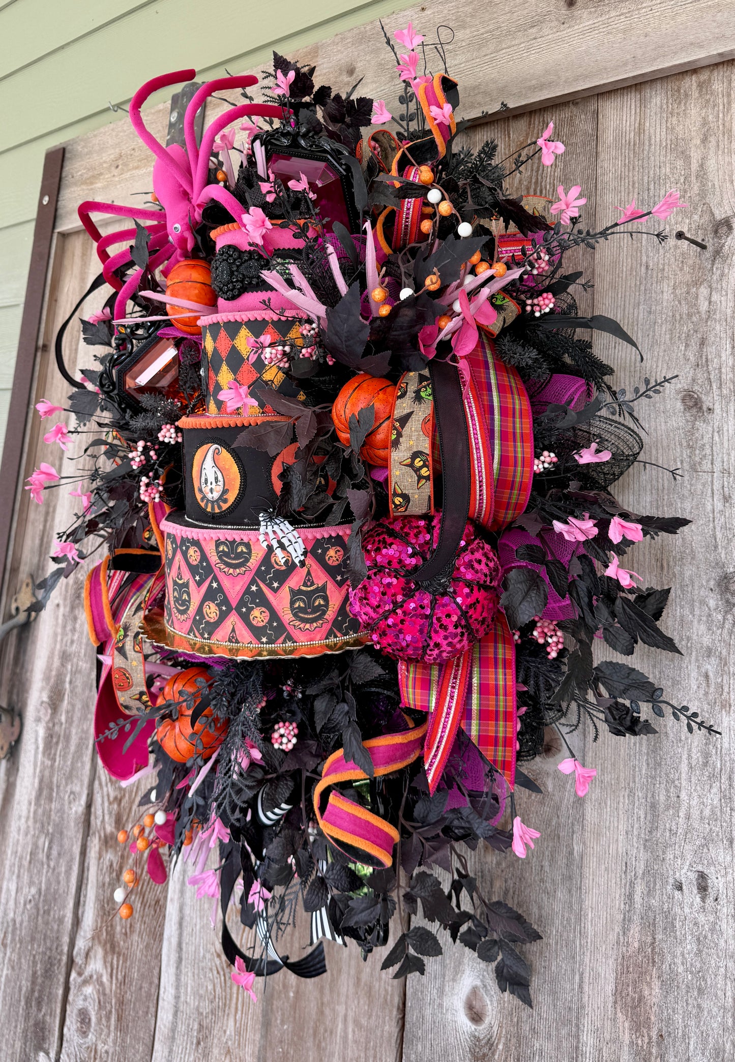 Whimsical Pink & Black Halloween Deco Mesh Wreath
