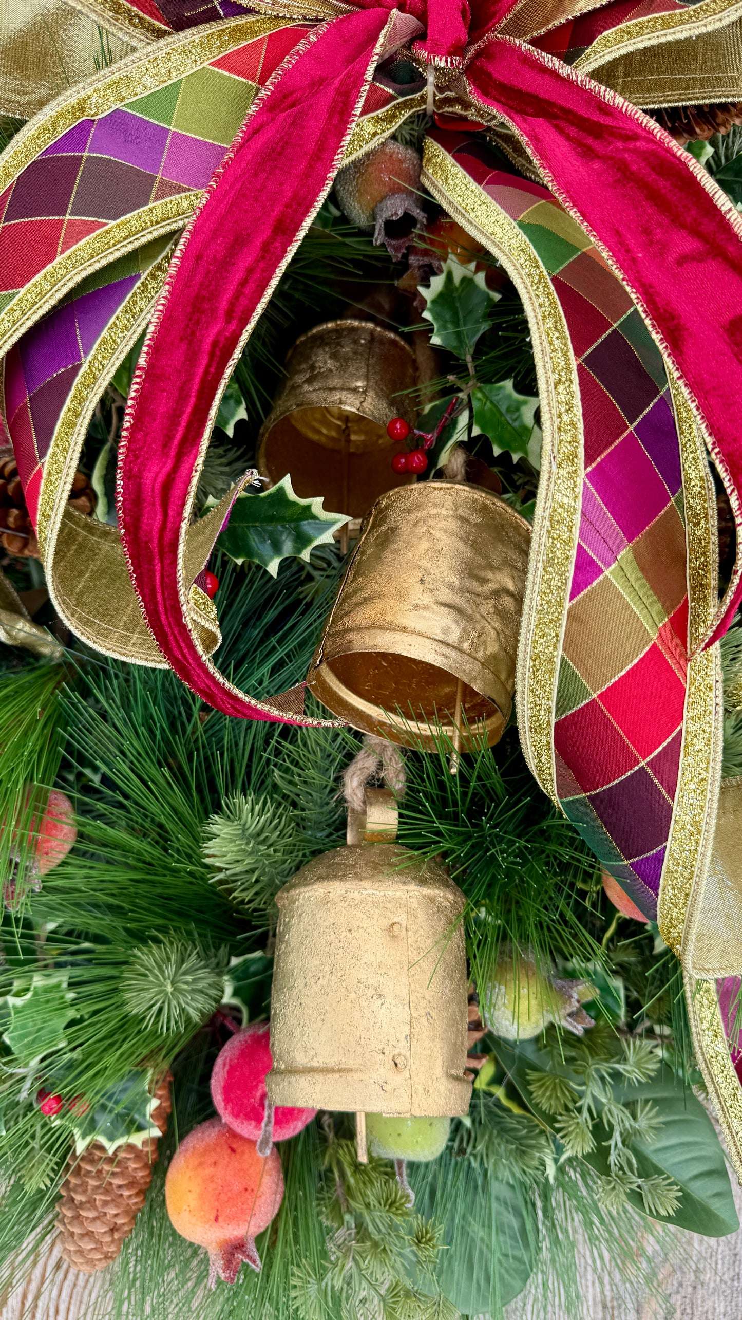 Traditional Williamsburg Wreath | Elegant Holiday Front Door Wreath with Gold Bells, Pine, Holly & Velvet Bow | Classic Christmas Door Decor