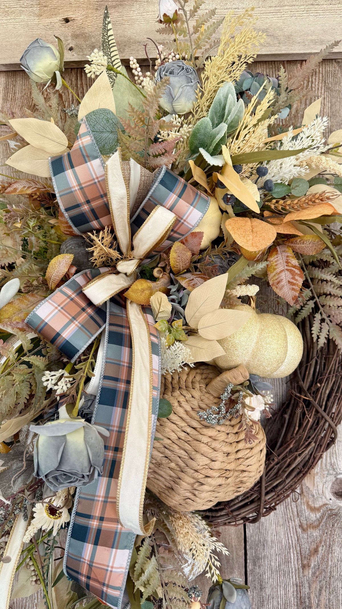 Neutral Blue Pumpkin Fall Grapevine Wreath