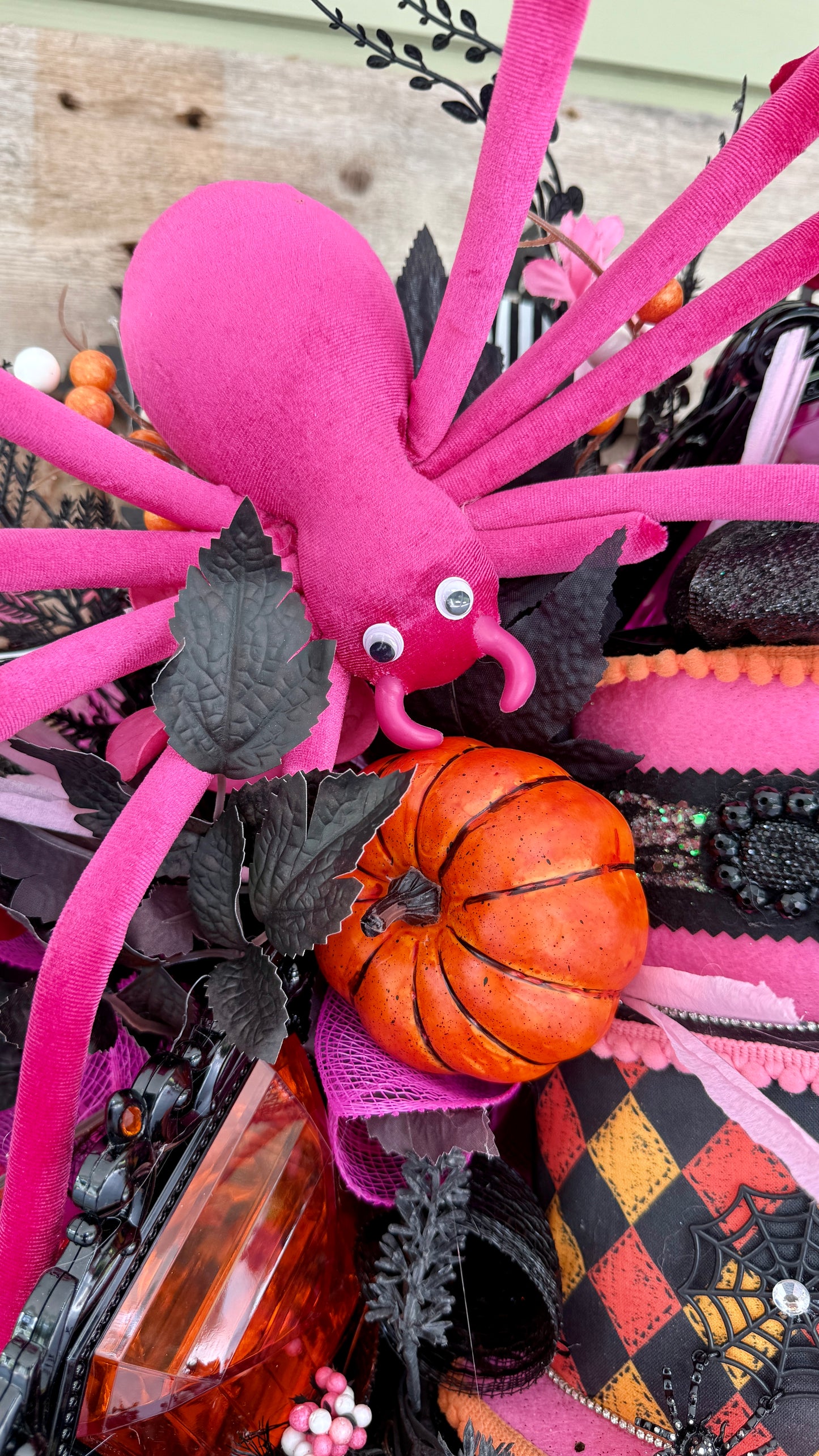 Whimsical Pink & Black Halloween Deco Mesh Wreath