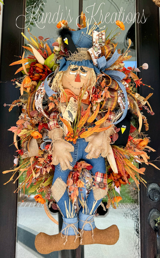 Rustic Denim Scarecrow Fall Wreath – Handmade Autumn Front Door Décor