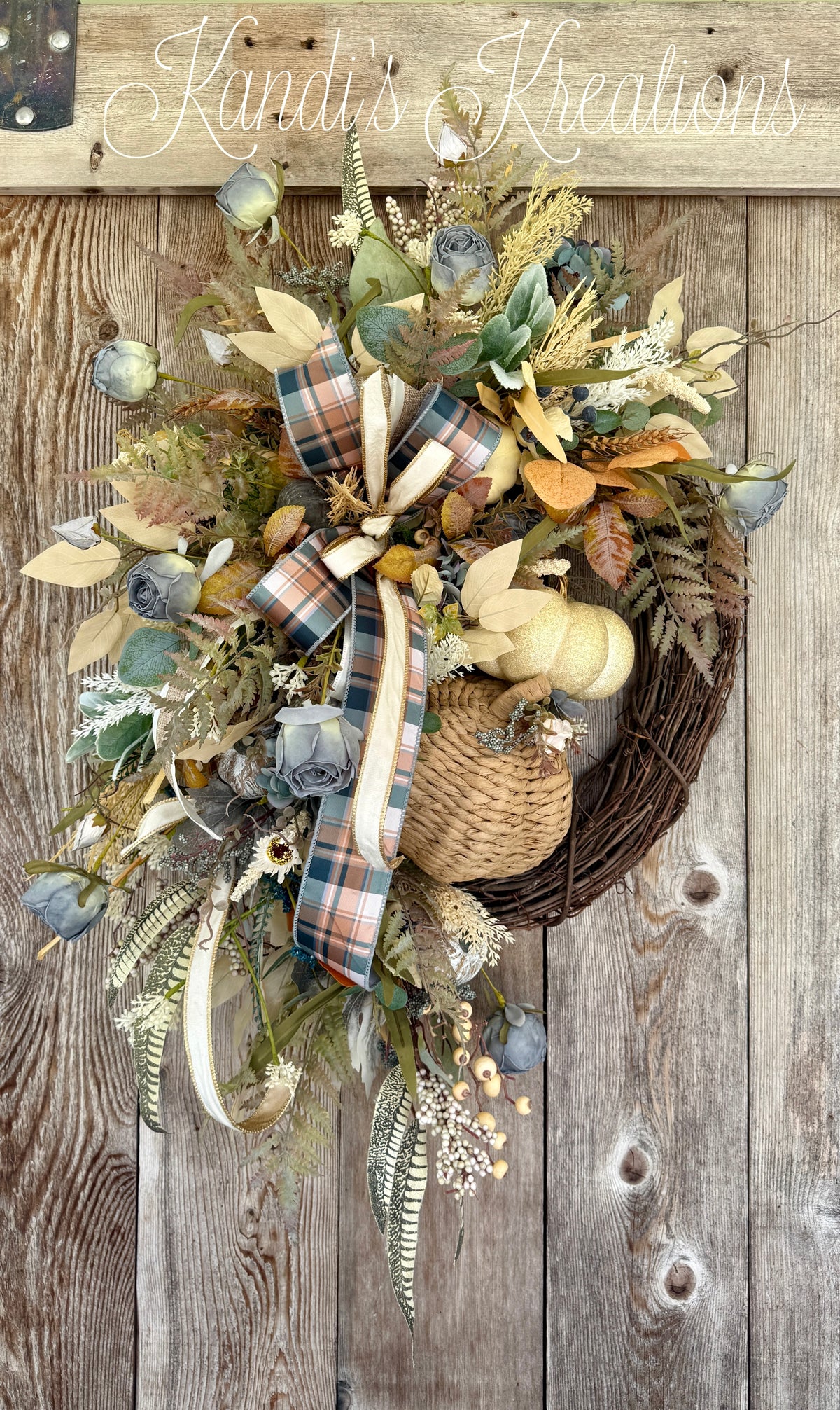 Neutral Blue Pumpkin Fall Grapevine Wreath