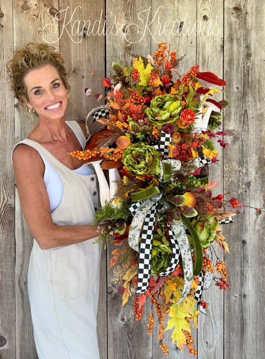 Large Fall Mushroom Grapevine Wreath | Whimsical Autumn Door Hanger with Faux Mushrooms, Pumpkins, Green Cabbage Roses & Designer Ribbon
