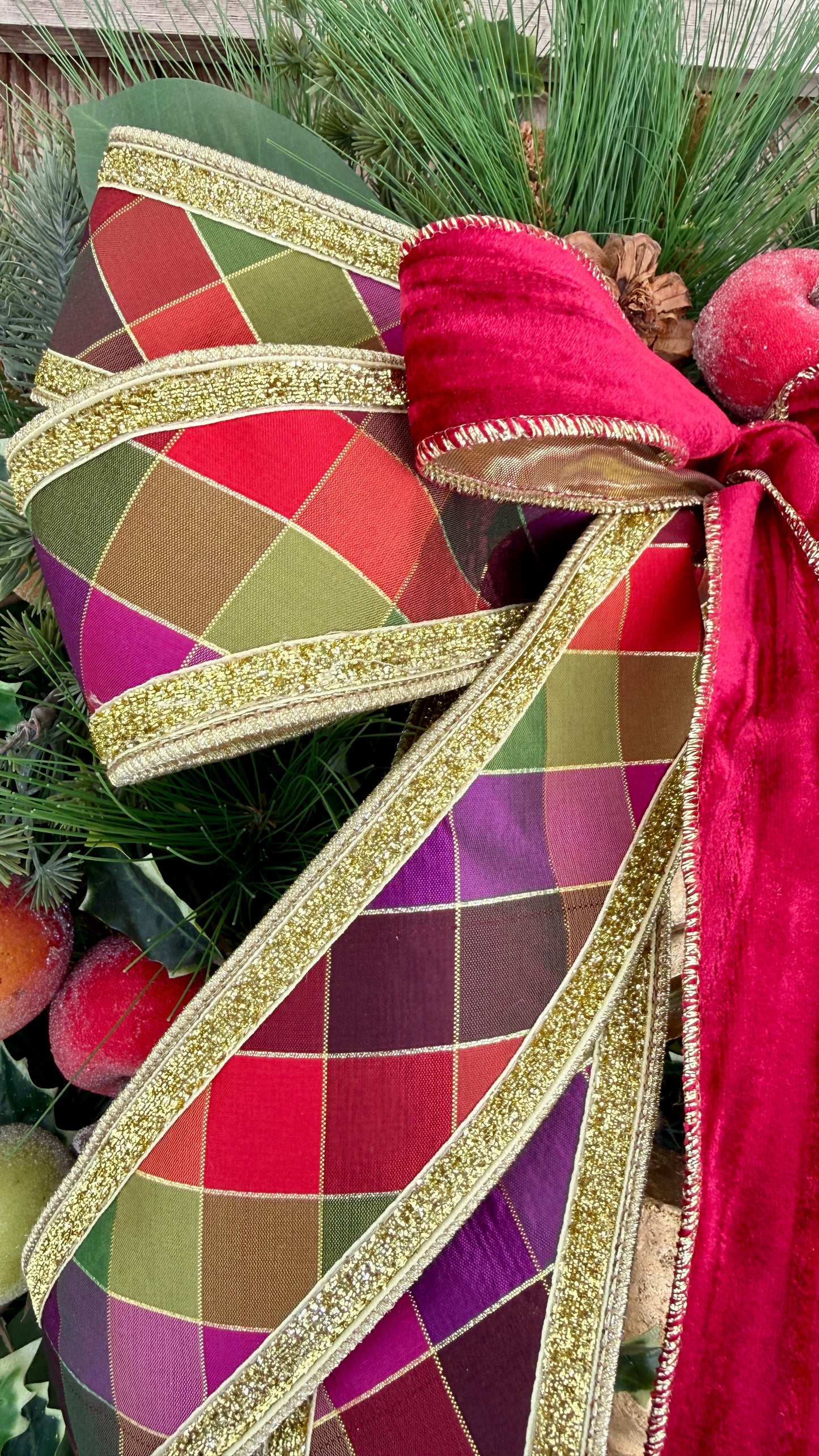 Traditional Williamsburg Wreath | Elegant Holiday Front Door Wreath with Gold Bells, Pine, Holly & Velvet Bow | Classic Christmas Door Decor