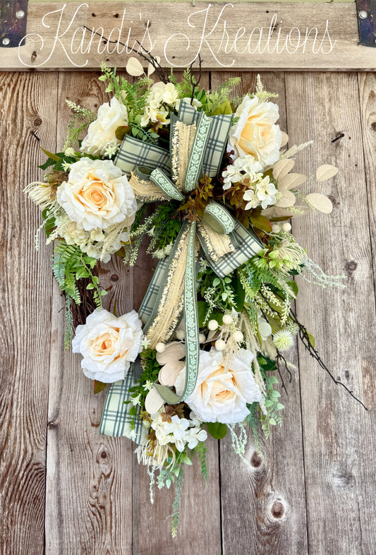 Elegant Cream Rose Grapevine Wreath | Neutral Front Door Wreath | Farmhouse Floral Wreath | Year-Round Door Hanger | Cottage Style Decor